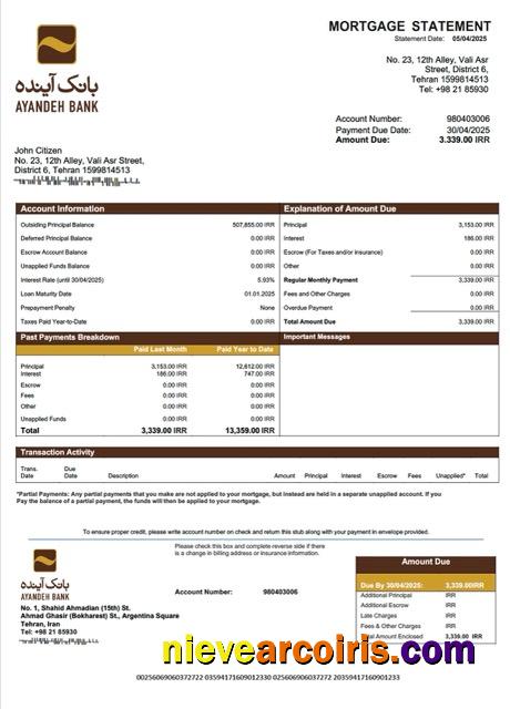 Iran Ayandeh Bank mortgage statement Word and PDF template